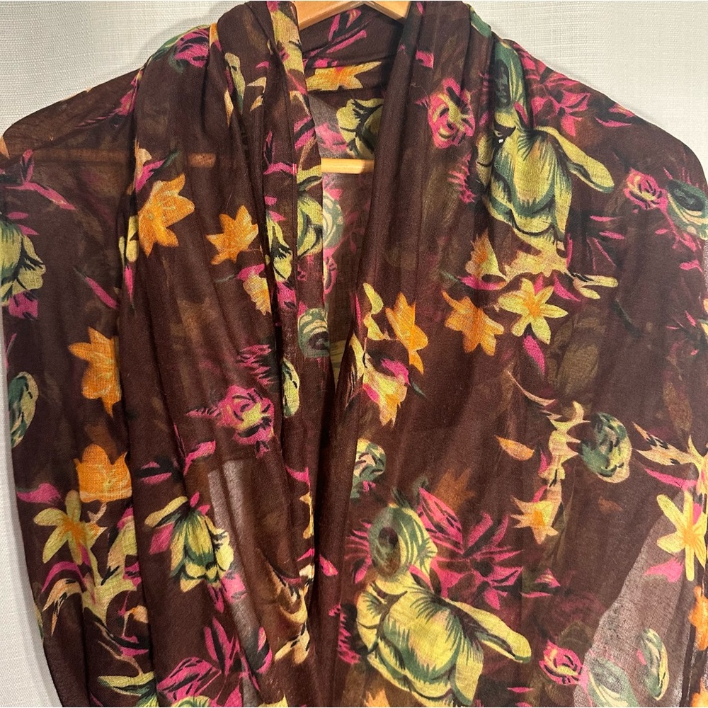 Brown and Neon Floral Print Scarf Wrap